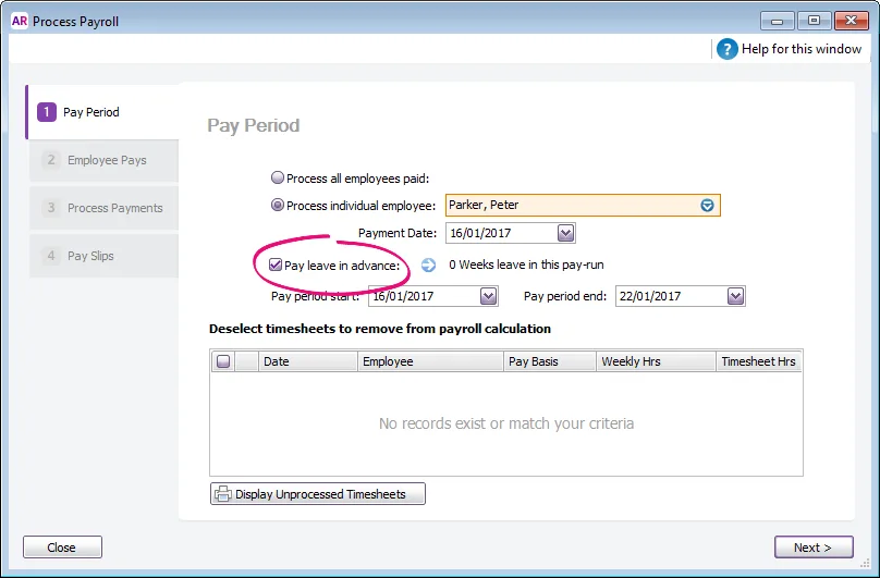 Example process payroll window with pay leave in advance option selected and highlighted