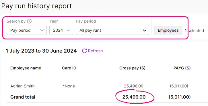 Example pay run history report with filters and total gross pay amount highlighted