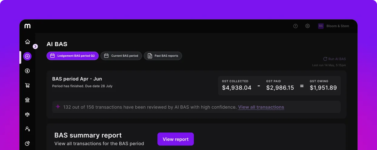 Dark-themed AI BAS dashboard showing GST summary for Apr-Jun: $4,938.04 collected, $2,986.15 paid, $1,951.89 owing.