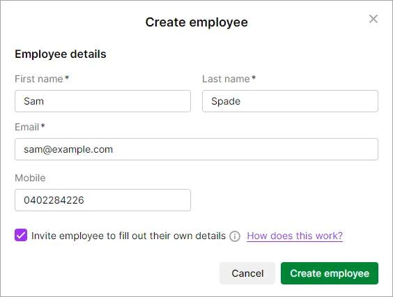 Example create employee screen with invite employee option ticked