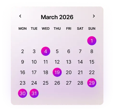 March EOFY calendar with key tax dates highlighted - March 1, 4, 19, 29, 30, and 31 