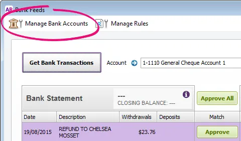 Bank feeds window with manage bank accounts button highlighted
