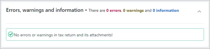 Green message at the top of the page saying "No errors or warnings in tax return and its attachments!"