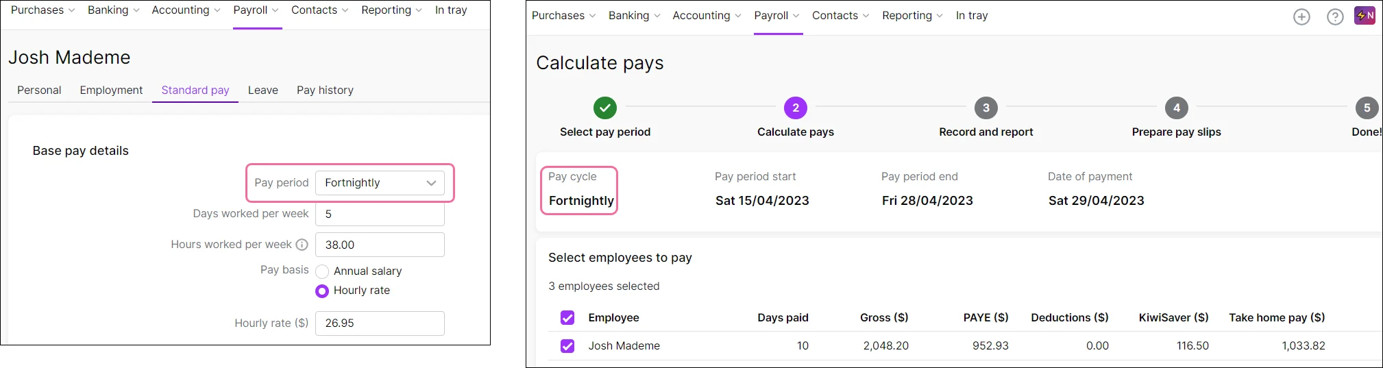 Employee Pay period must match pay run Pay cycle for the employee to appear