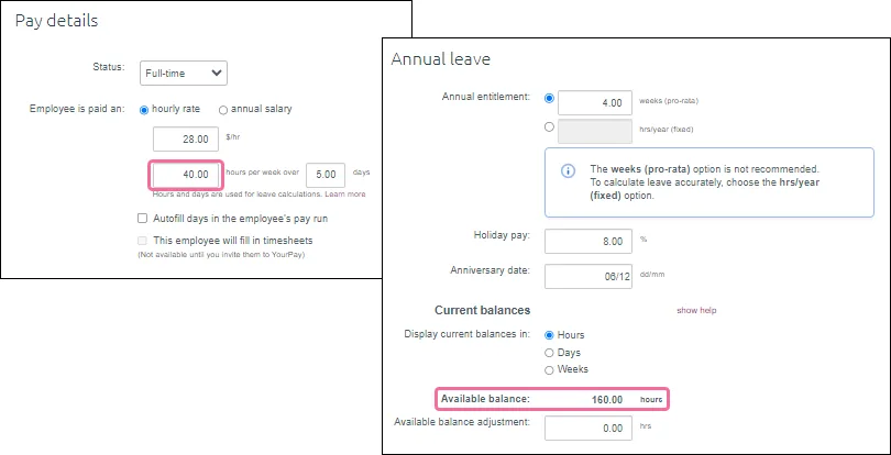 Current available leave balance in hours in MYOB Essentials