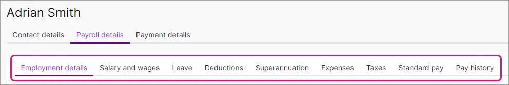 Example employee with payroll details tab highlighted