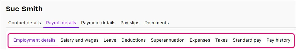 Example employee with payroll details tab highlighted