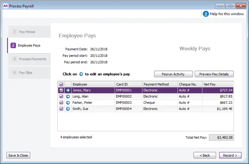 Example process payroll window with employees selected