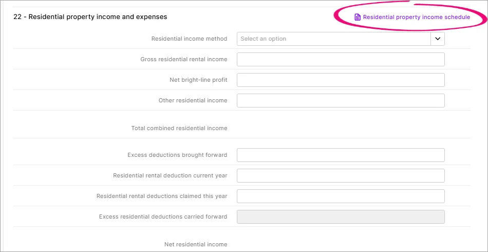 Examples of schedule link highlighted in a tax return
