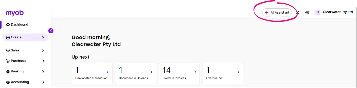 MYOB Business dashboard with AI Assistant highlighted