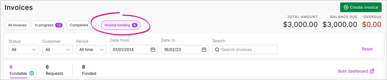 Example invoices page with invoice funding tab highlighted