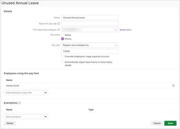 Example unused annual leave pay item