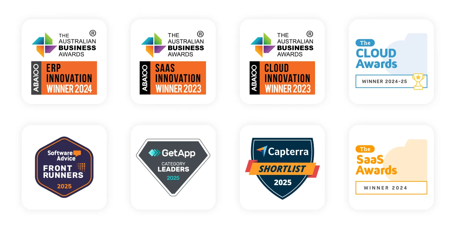 MYOB Acumatica ERP awards in order: three badges from The Australian Business Awards — ‘ERP Innovation Winner 2024,’ ‘SaaS Innovation Winner 2023,’ and ‘Cloud Innovation Winner 2023’; followed by ‘The Cloud Awards Winner 2024-25.’ Then ‘Software Advice Front Runners 2025,’ ‘GetApp Category Leaders 2025,’ ‘Capterra Shortlist 2025,’ and ‘The SaaS Awards Winner 2024.’”
