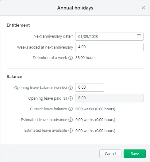 Example annual holidays screen for a new employee