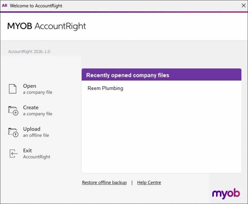 Welcome Window showing a recently created company file
