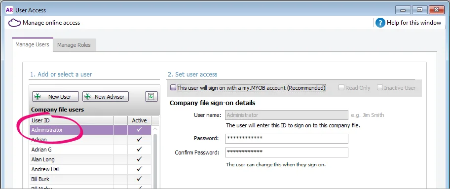 User Access window with Administrator user selected