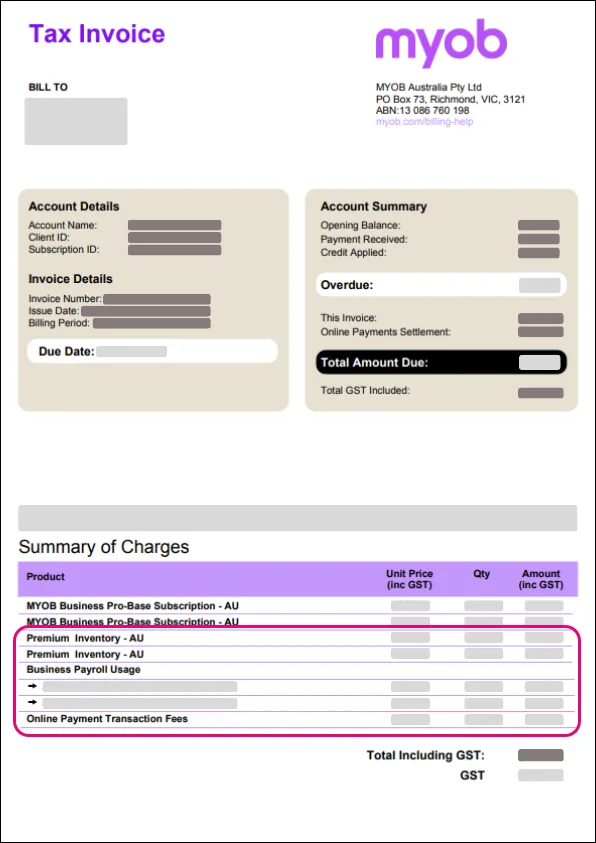 Example of an invoice from MYOB with Premium features