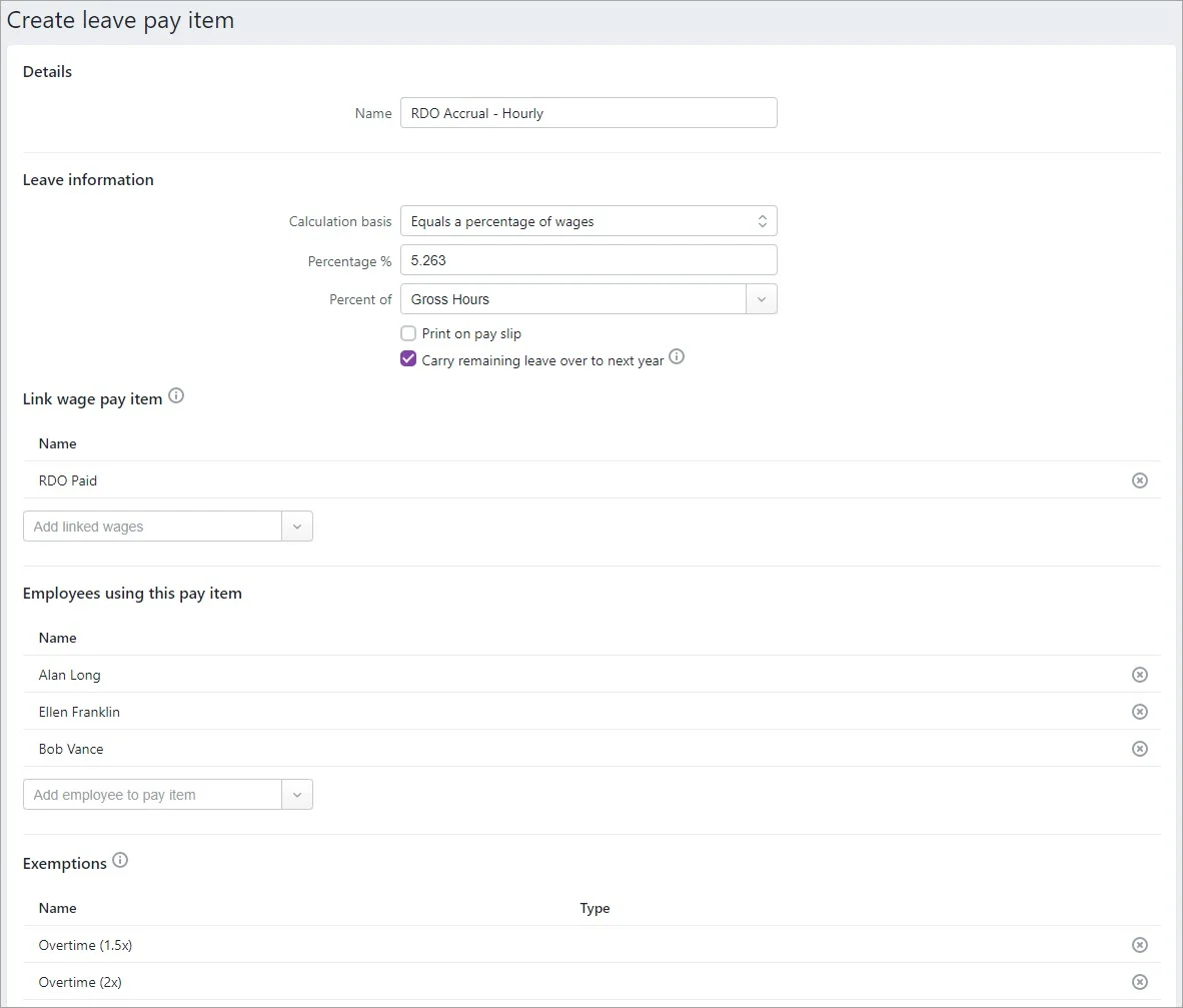 Example RDO accrual pay item for hourly employees