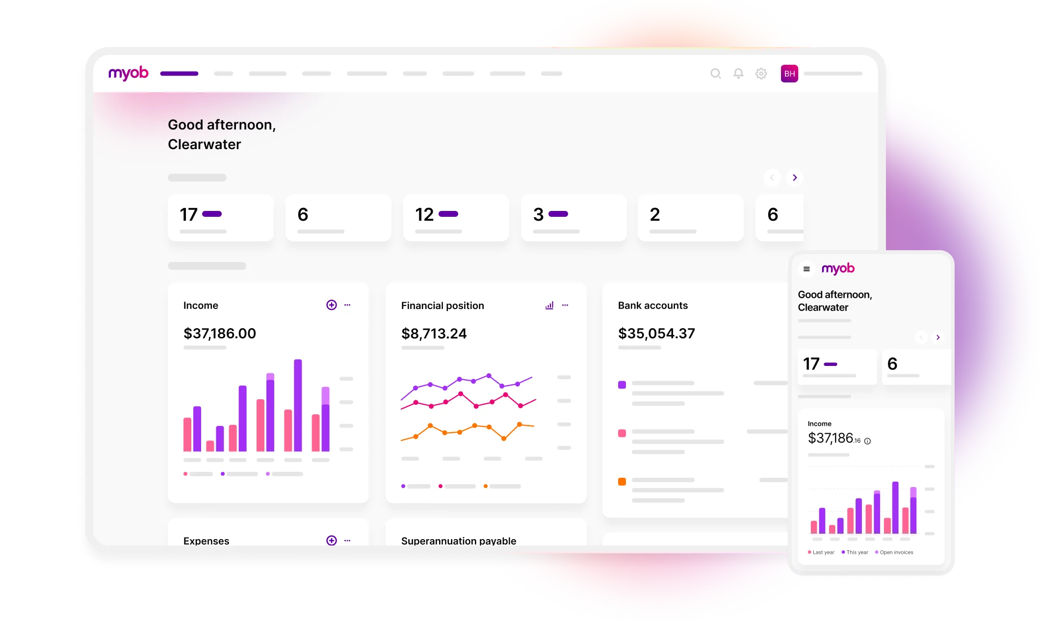 The MYOB Business dashboard includes helpful information at a glance. This includes income charts, financial position graphs and details on your business bank accounts. All of this information is avaliable on desktop and mobile.
