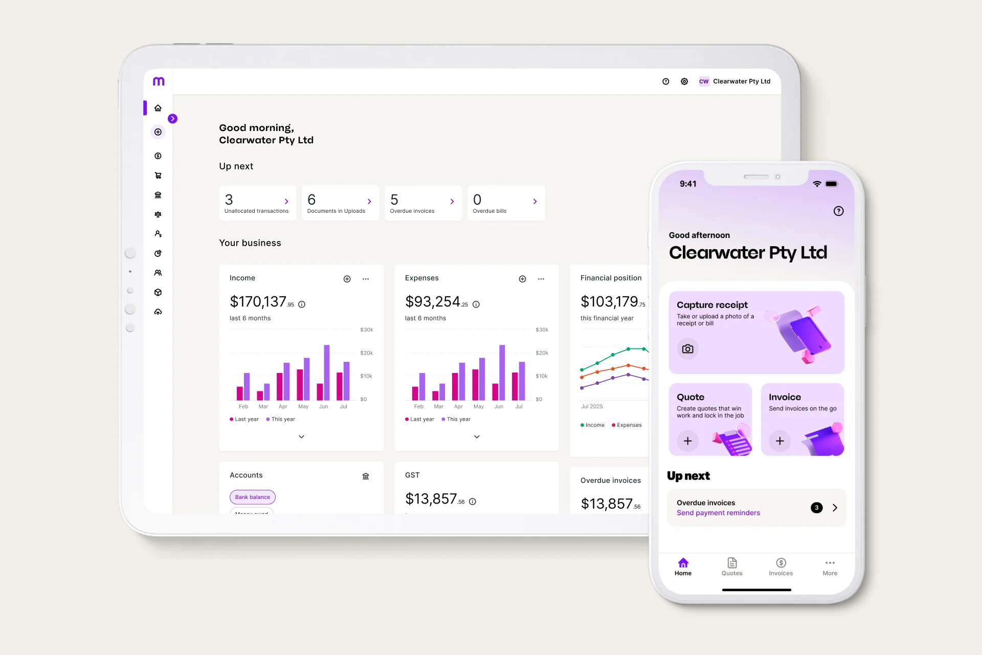 The MYOB Business dashboard includes helpful information at a glance. This includes income charts, financial position graphs and details on your business bank accounts. All of this information is avaliable on desktop and mobile.