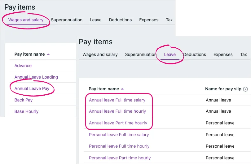 Example annual leave pay items