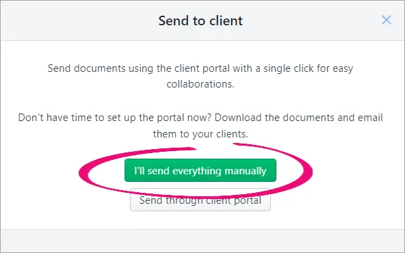 I'll send everything manually button highlighted in the Send to client window