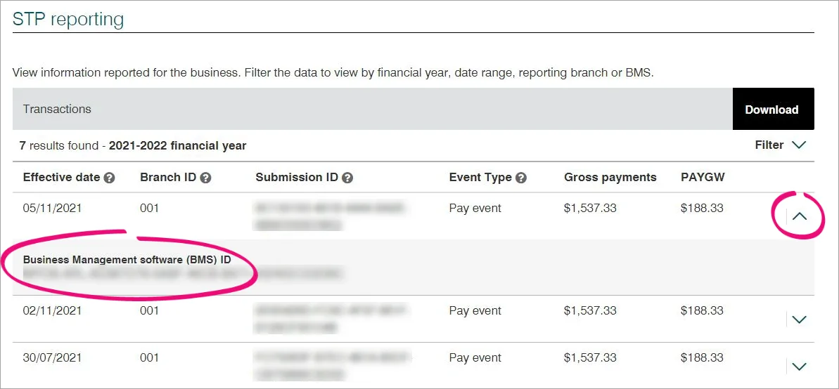 ATO Business Portal with BMS ID highlighted