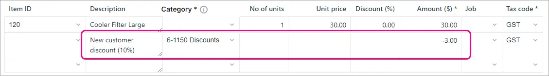 Example line discount highlighted