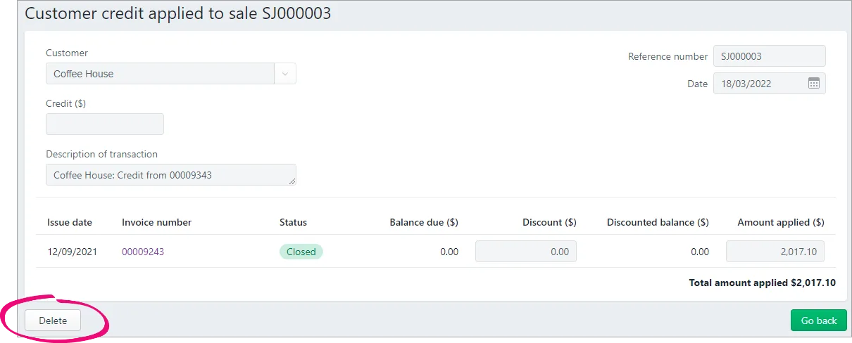 Example credit applied to a sale with delete button highlighted