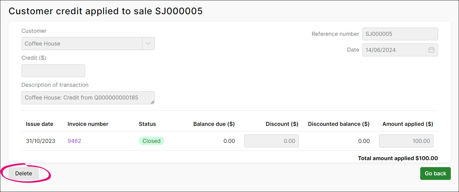 Example credit applied to a sale with delete button highlighted