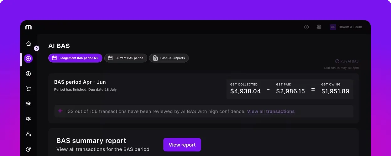 Dark-themed AI BAS dashboard showing GST summary for Jan-Mar 2026 with collected, paid, and owing amounts.