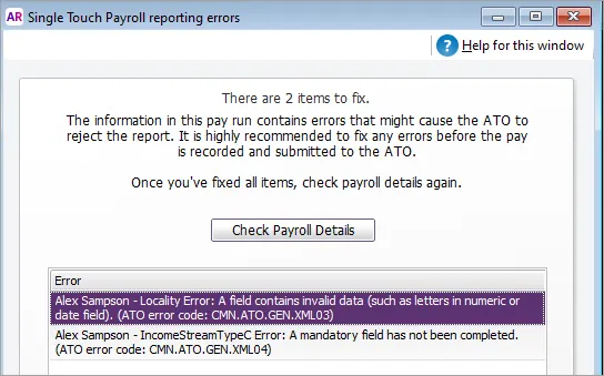 Example warning during pay run that some details need updating