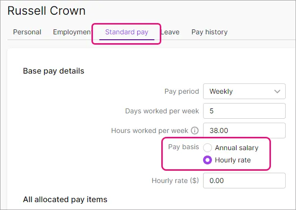 Example employee with hourly pay basis highlighted