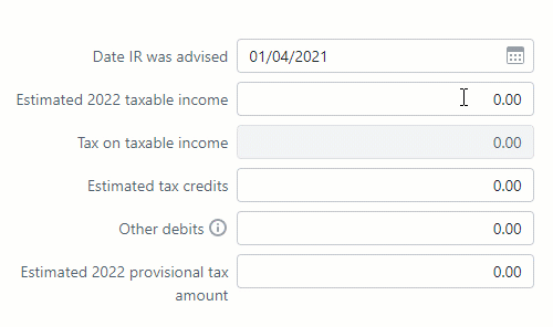 Animation showing how entering an amount in the Estimated 2022 taxable income field and Estimated tax credits fields automatically updates values in the other fields