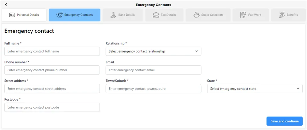 Example emergency contacts tab