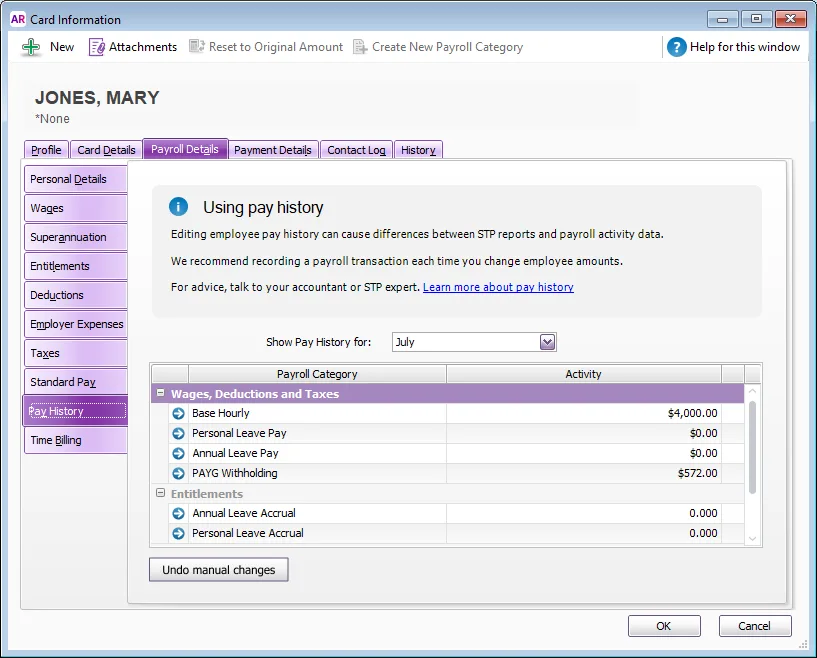 Example pay history in an employee card