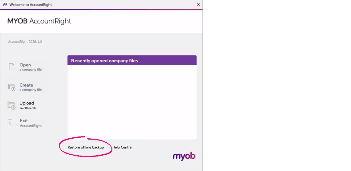 Example AccountRight PC edition screen with restore offline backup highlighted
