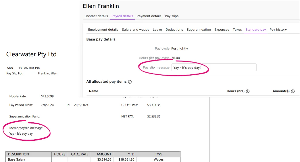 Example message in the standard pay and on the pay slip