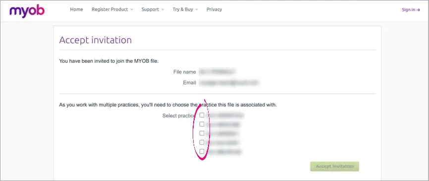 Accept invitation page, with checkboxes highlighted in the section with the description "As you work with multiple practices, you'll need to choose the practice this file is associated with".