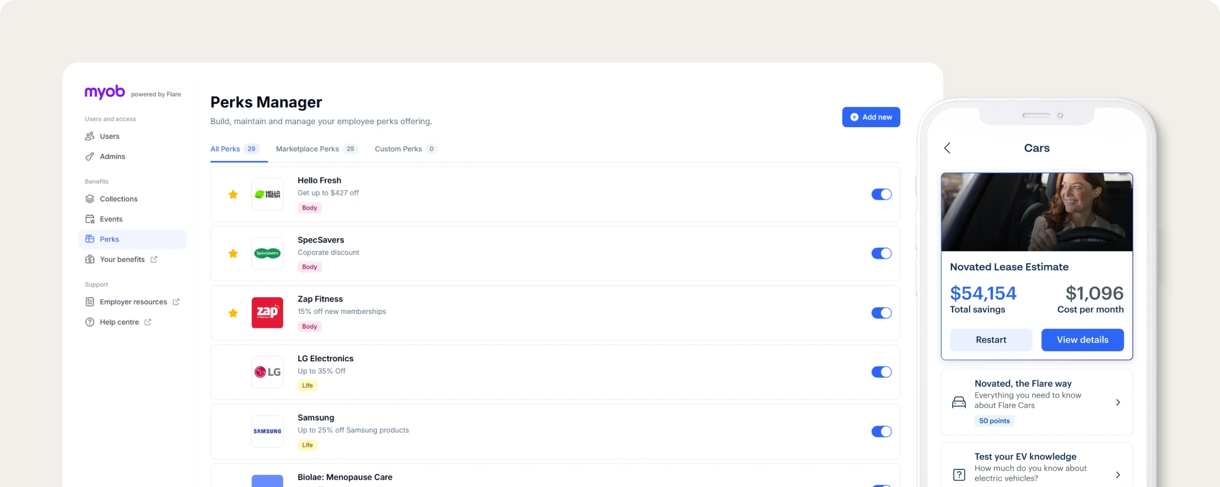 MYOB Flare Perks Manager dashboard listing employee perks including Hello Fresh, SpecSavers, Zap Fitness, LG, Samsung and Biolae.
