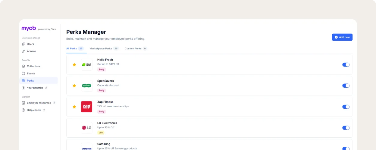MYOB Flare Perks Manager dashboard listing employee perks including Hello Fresh, SpecSavers, Zap Fitness, LG, Samsung and Biolae.