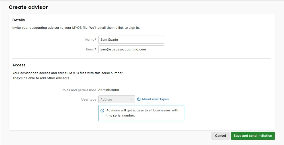 Example advisor being added to MYOB