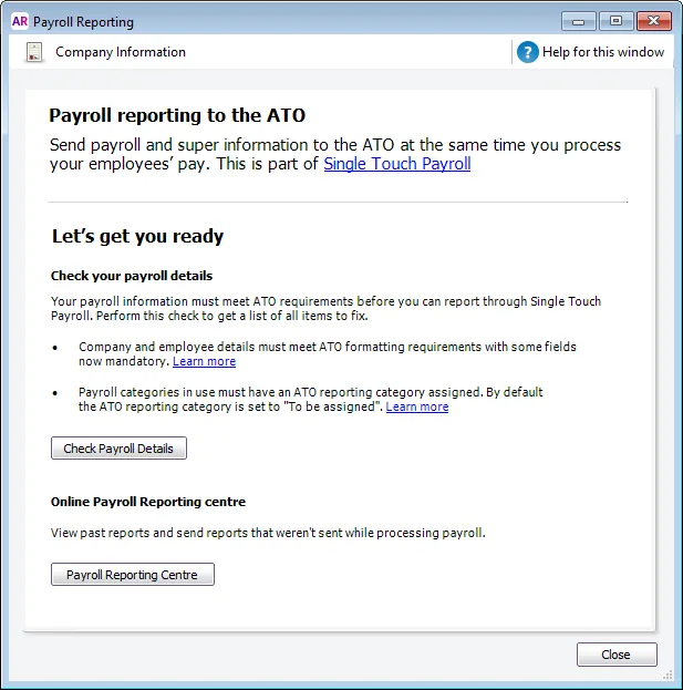 Example payroll reporting window