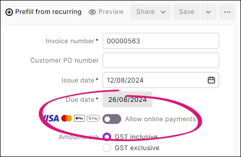 Deselect Allow online invoice payments option