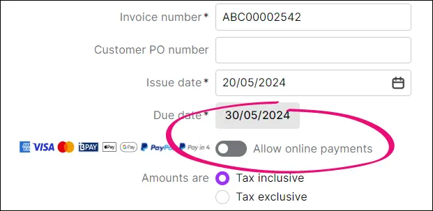 Deselect Allow online invoice payments option