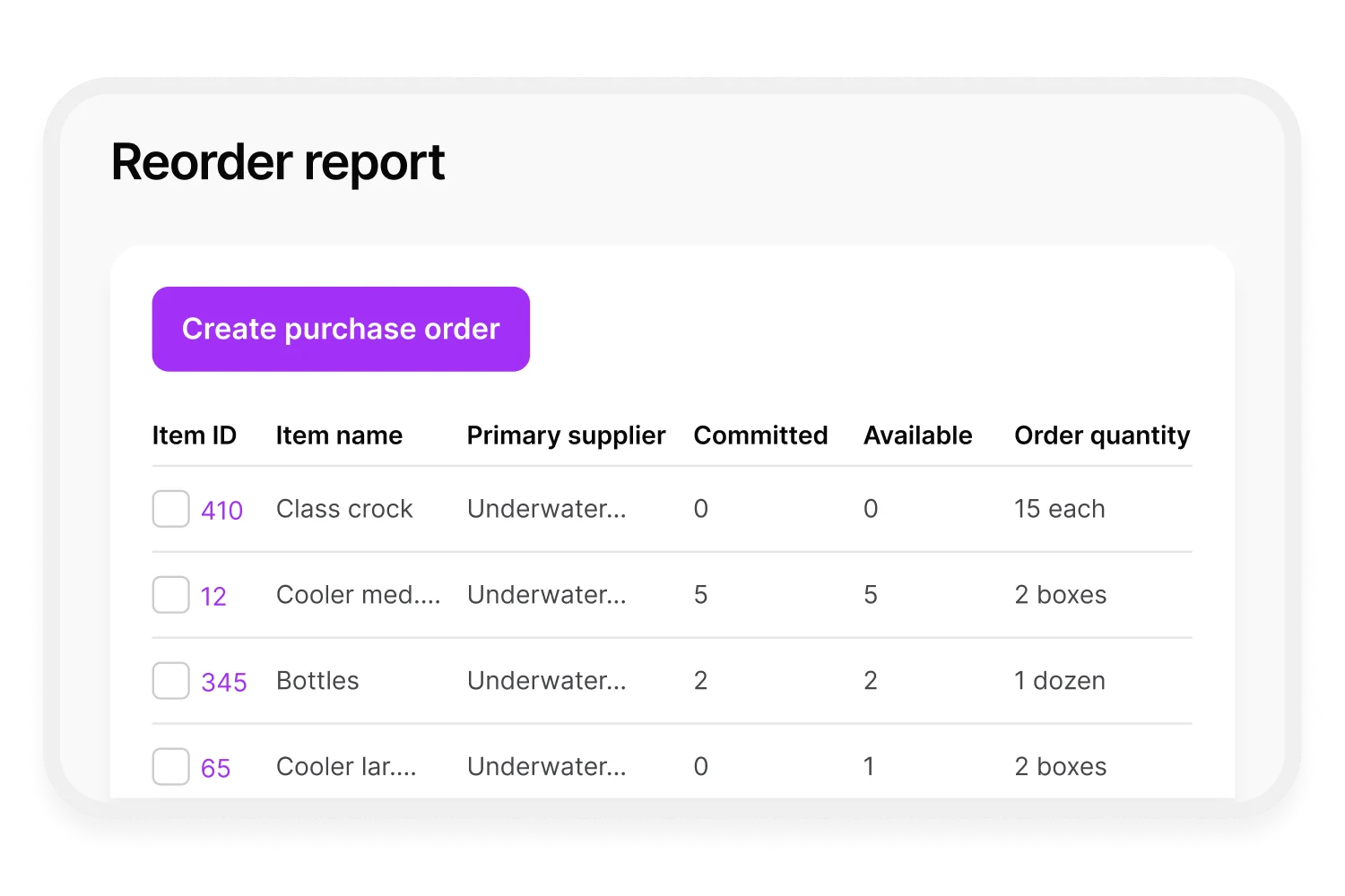 Reorder report to create purchase order