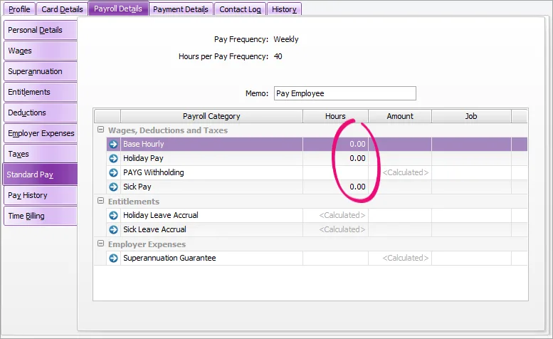 Example standard pay with zero hours highlighted