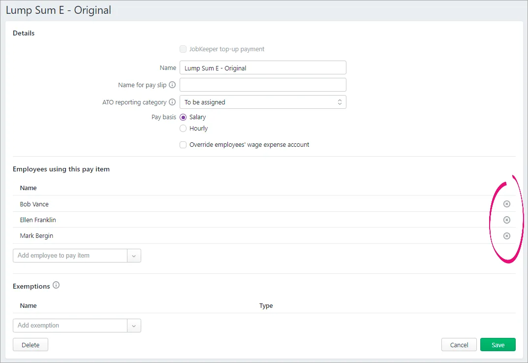 Pay item with delete icons highlighted next to employees