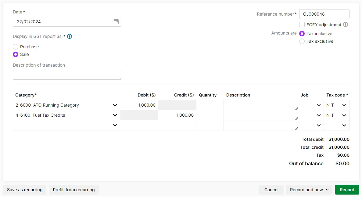 Example general journal for fuel tax credits