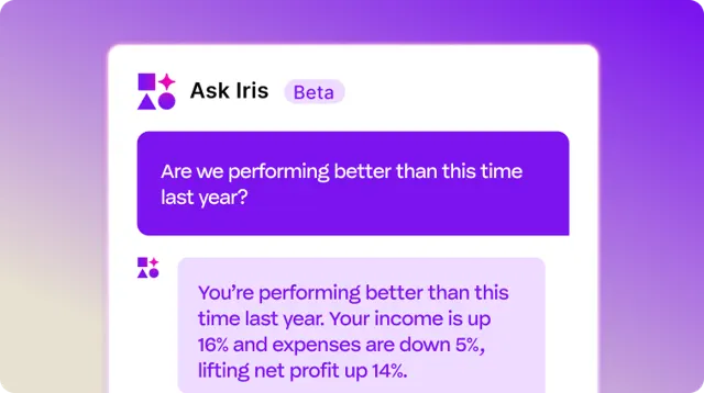 Ask Iris AI chat interface showing a query about year-over-year performance, with a response showing income up 16% and net profit up 14%.